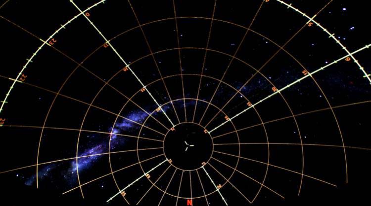 A projected image of the northern circumpolar region, with a superimposed coordinate grid